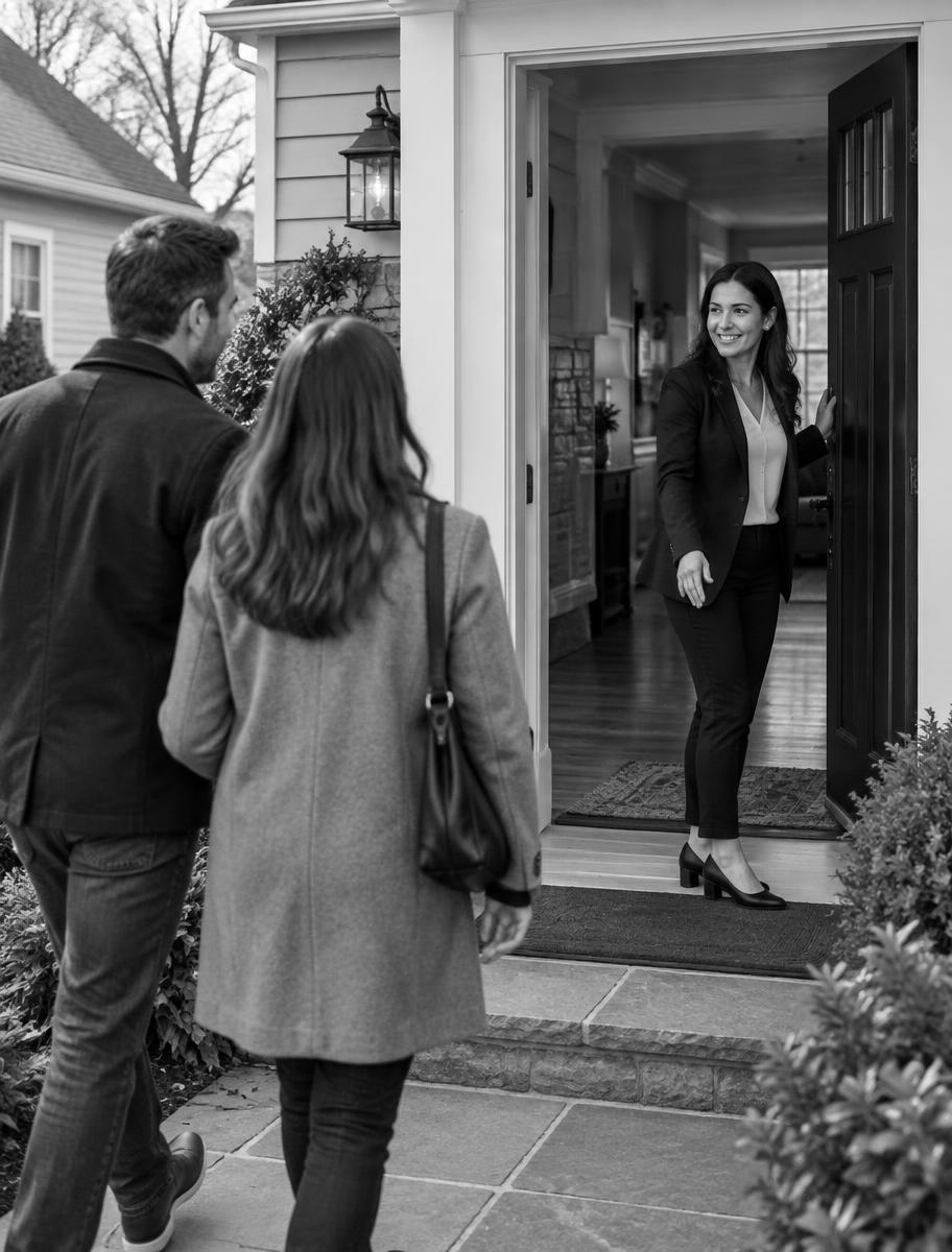 A real estate agent welcoming buyers to a home